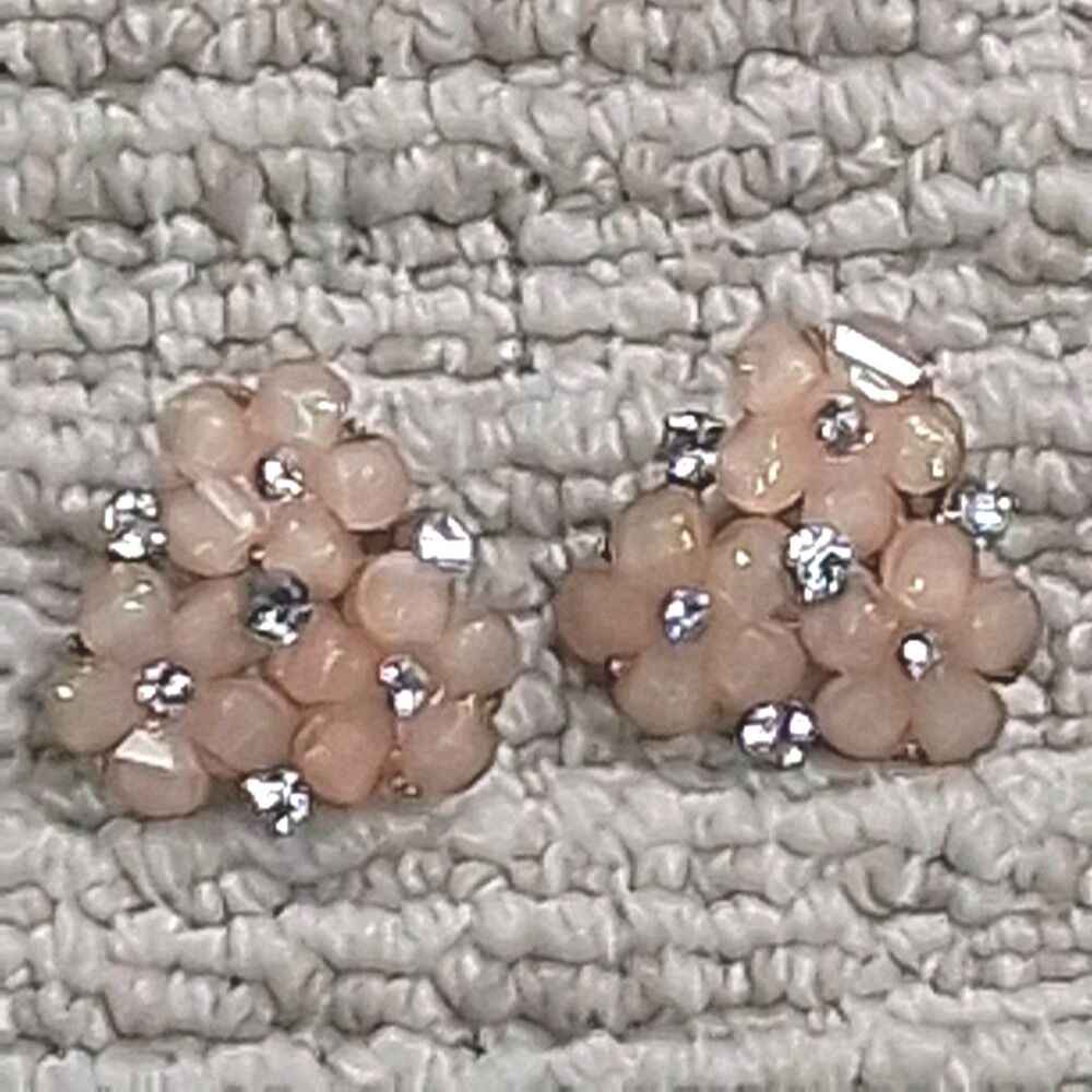 VINTAGE PINK BEADED RHINESTONE CLUSTER CLIP ON EARRINGS MID CENTURY COSTUME...